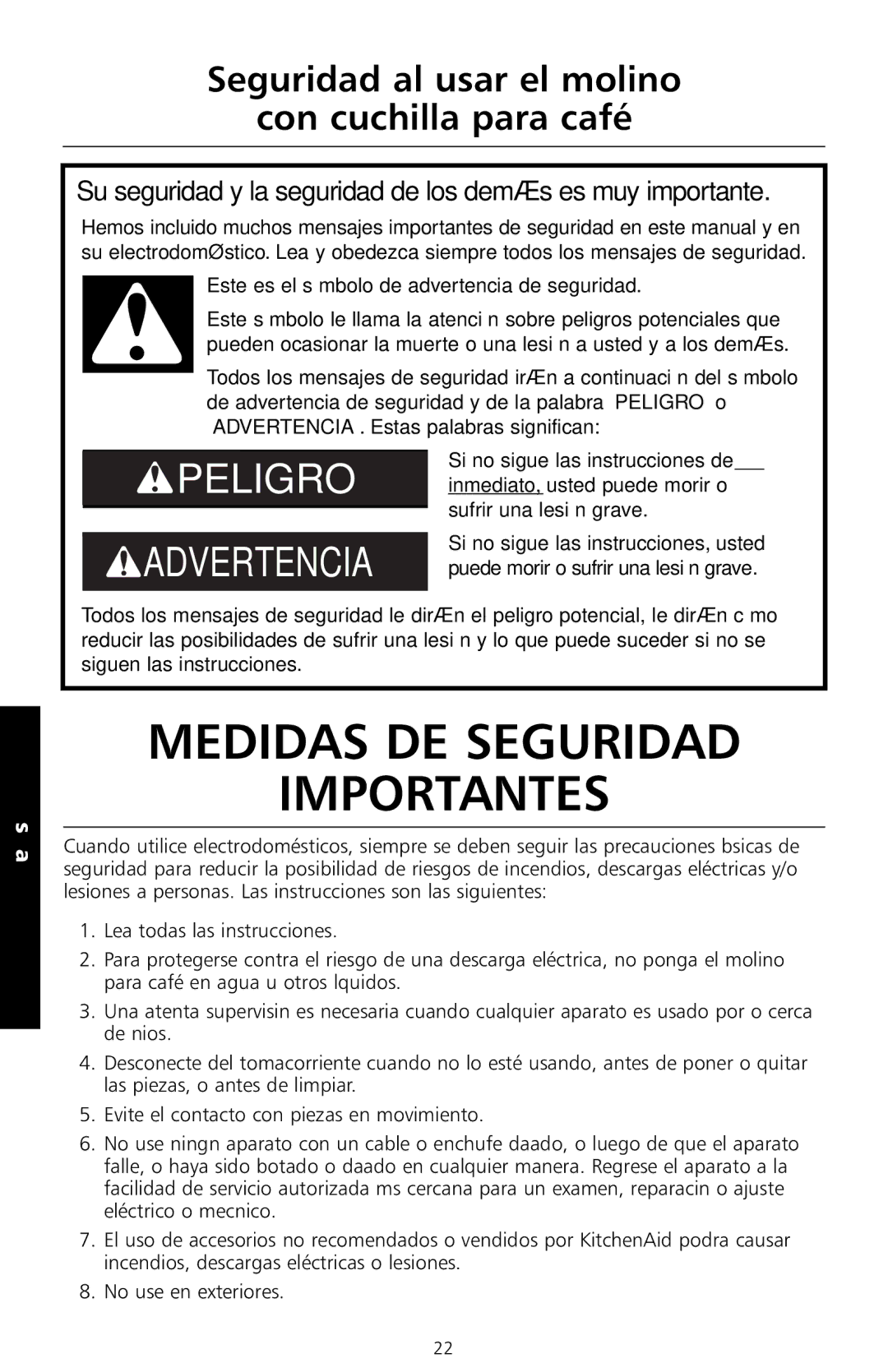 KitchenAid BCG100 manual Medidas DE Seguridad Importantes, Seguridad al usar el molino Con cuchilla para café 