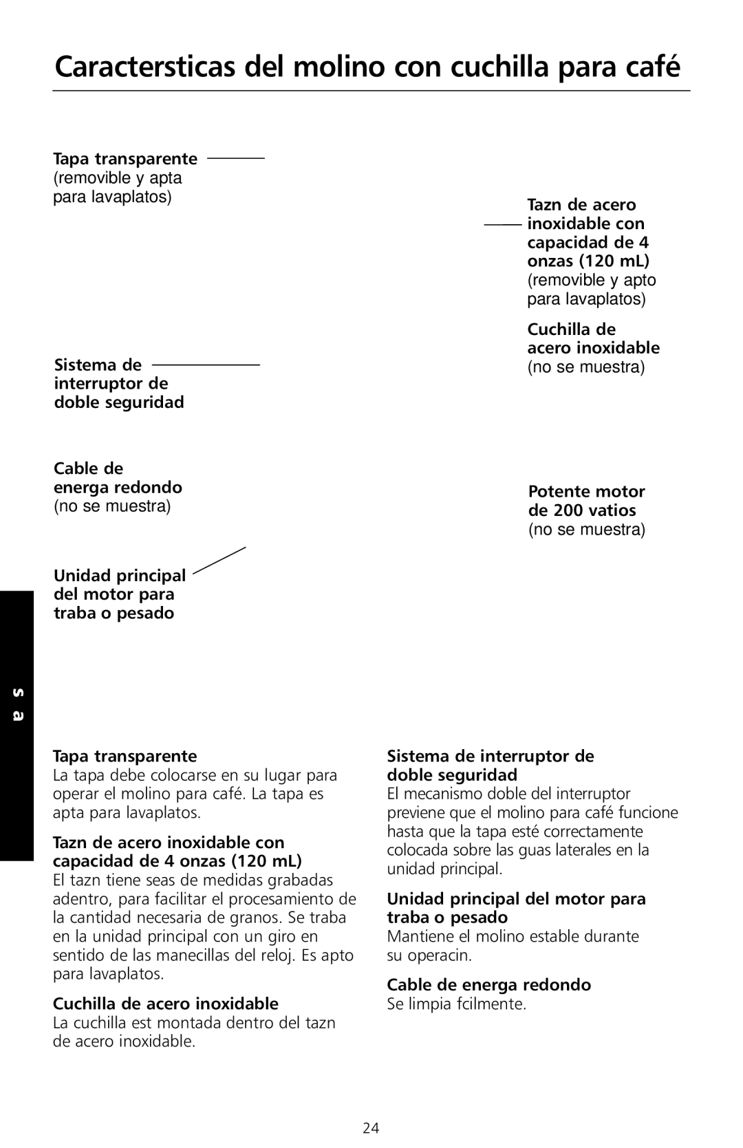 KitchenAid BCG100 manual Características del molino con cuchilla para café, Cuchilla de acero inoxidable 