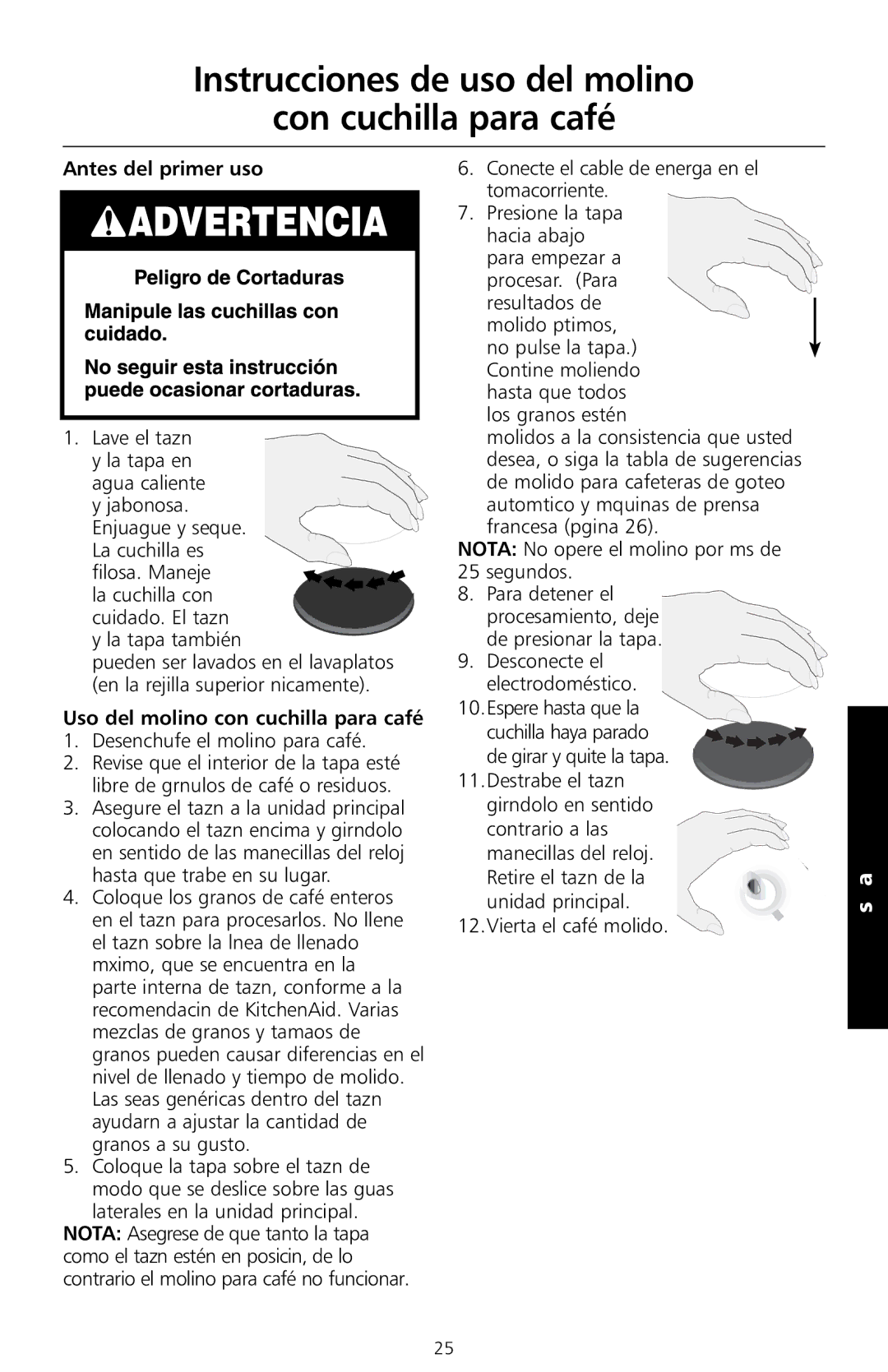 KitchenAid BCG100 manual Instrucciones de uso del molino Con cuchilla para café, Antes del primer uso 