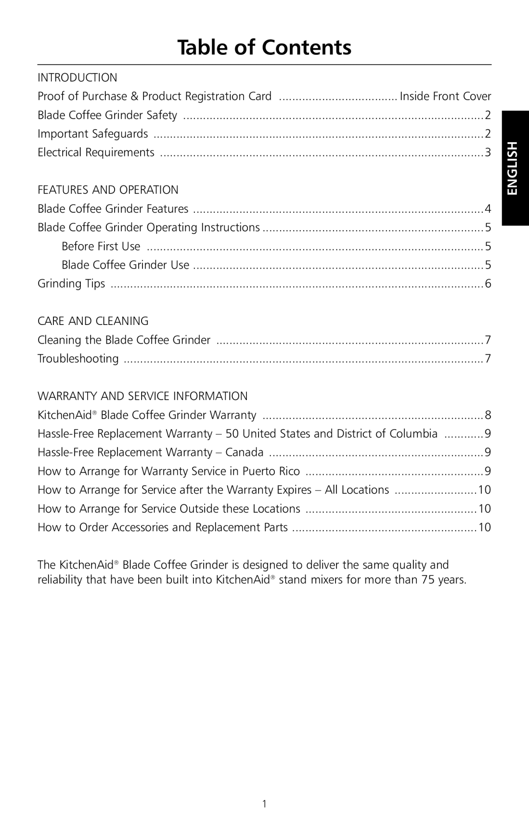 KitchenAid BCG100 manual Table of Contents 