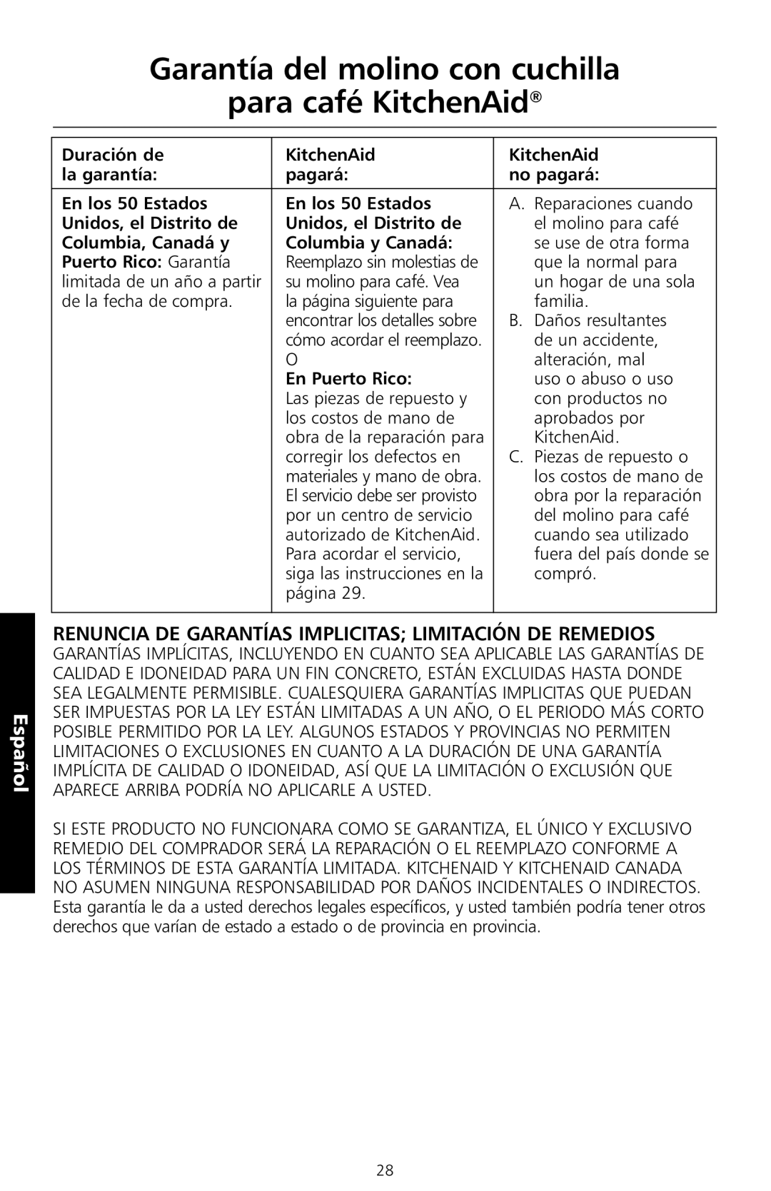 KitchenAid BCG100 Garantía del molino con cuchilla Para café KitchenAid, Unidos, el Distrito de, Puerto Rico Garantía 