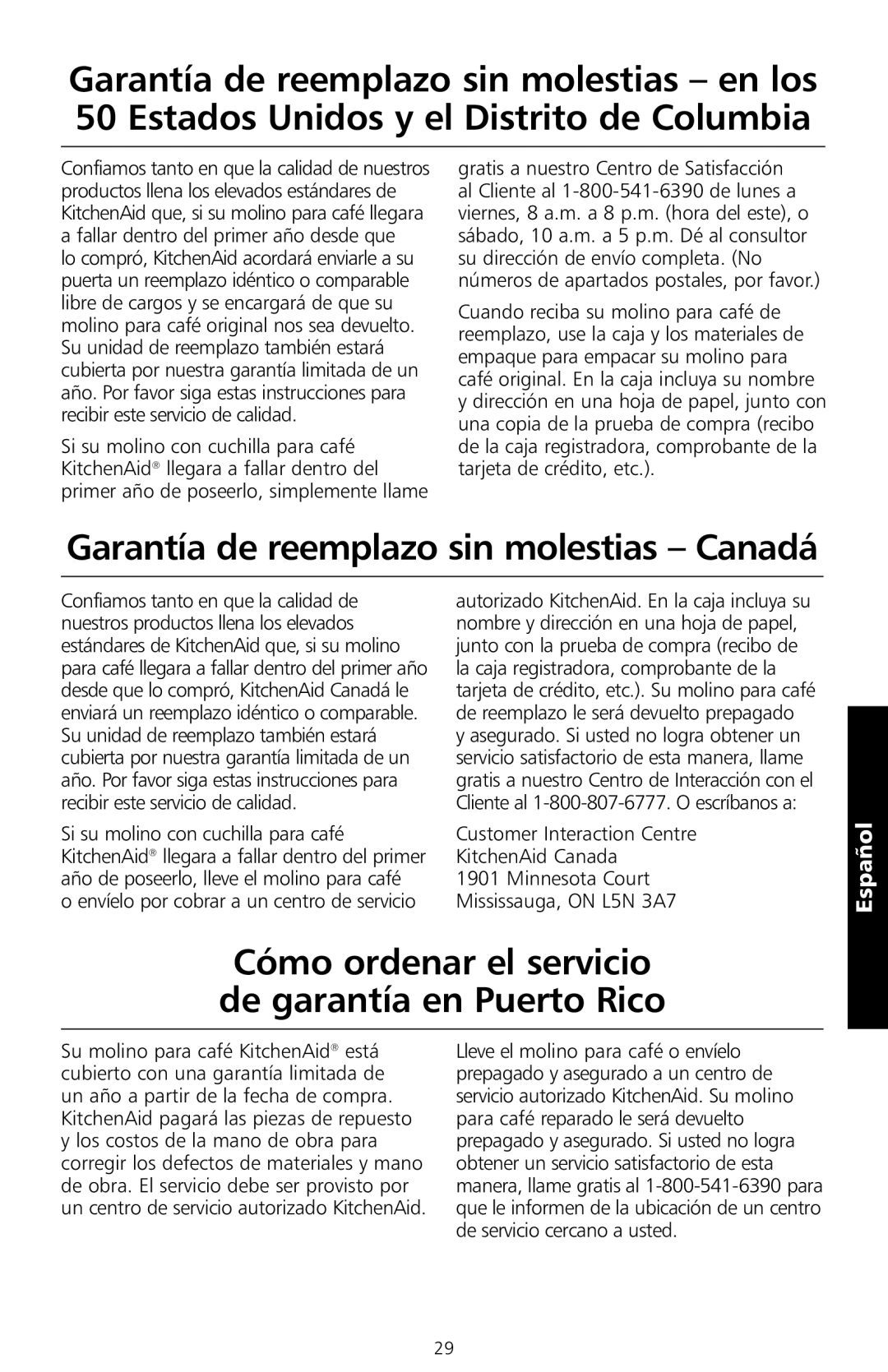 KitchenAid BCG100 manual Garantía de reemplazo sin molestias Canadá, Cómo ordenar el servicio de garantía en Puerto Rico 