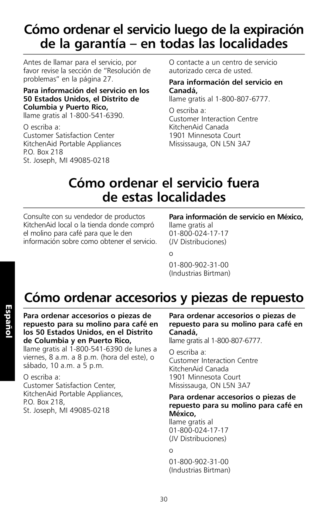 KitchenAid BCG100 manual Cómo ordenar el servicio fuera De estas localidades, Cómo ordenar accesorios y piezas de repuesto 