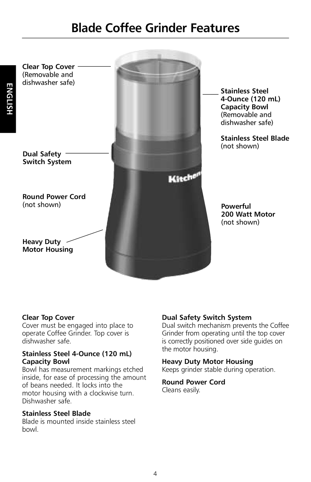 KitchenAid BCG100 manual Blade Coffee Grinder Features 