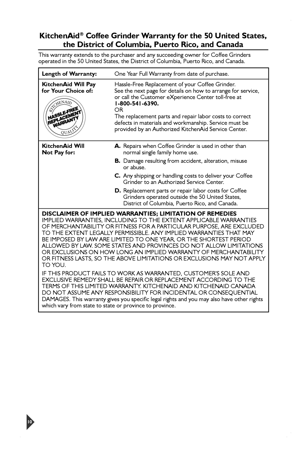 KitchenAid BCG211, BCGSGA, BCG111 manual Length of Warranty, KitchenAid Will Pay, For Your Choice, Not Pay for 