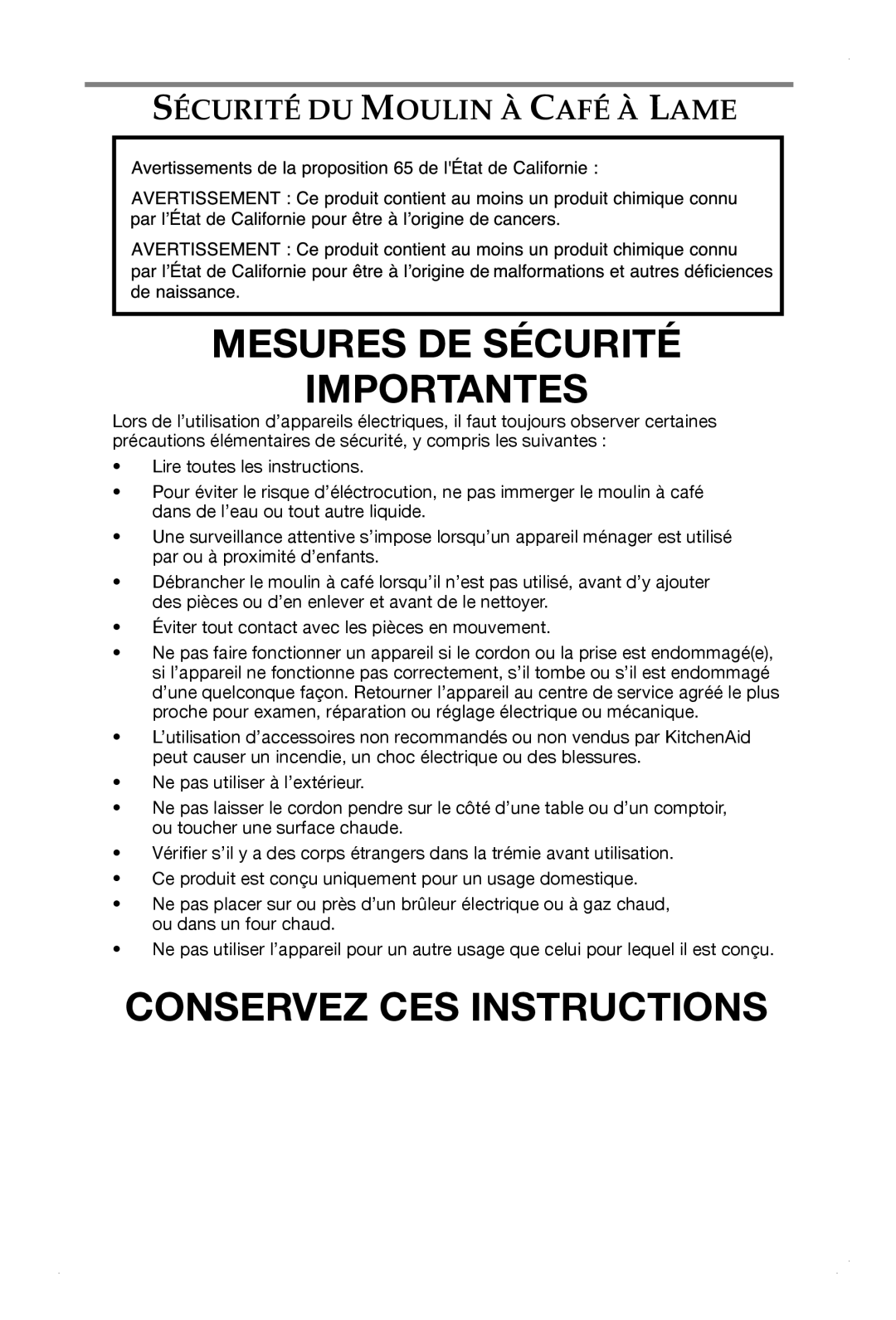 KitchenAid BCGSGA, BCG211, BCG111 manual Mesures DE Sécurité Importantes, Sécurité DU Moulin À Café À Lame 