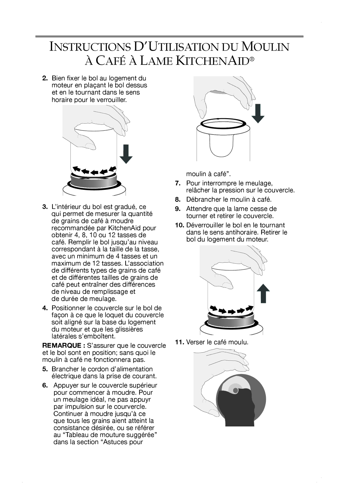 KitchenAid BCG211, BCGSGA, BCG111 manual Moulin à café 