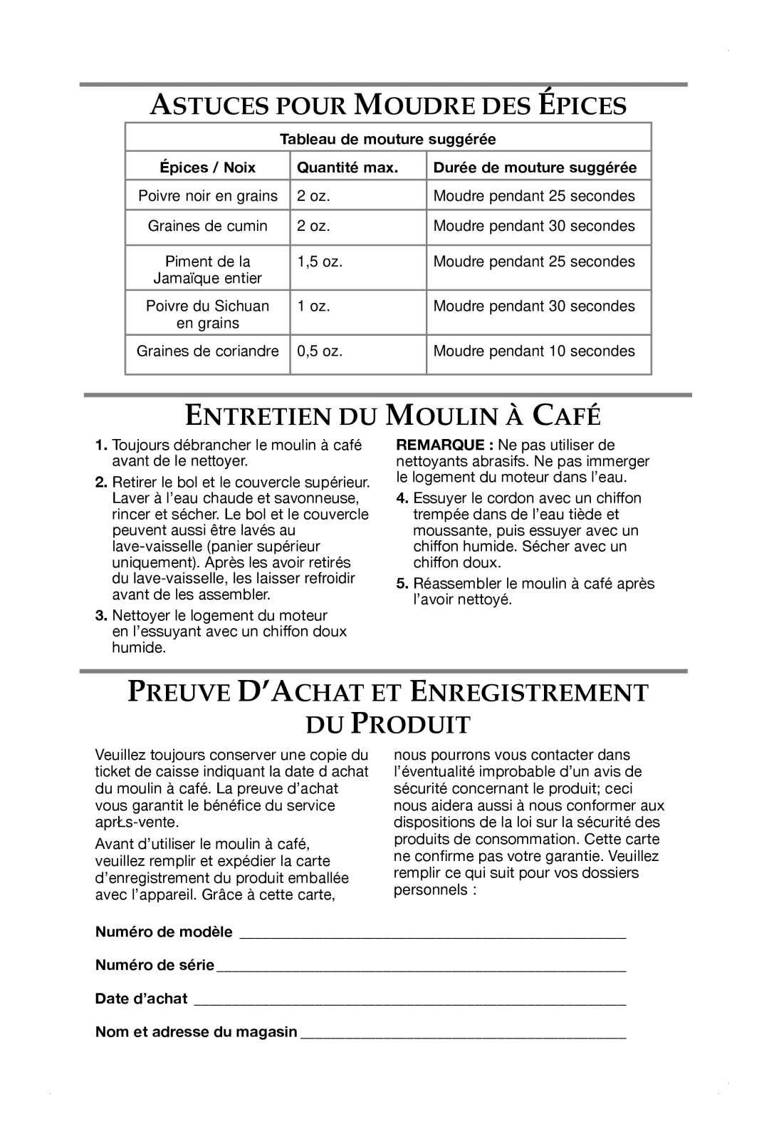 KitchenAid BCG211 Astuces Pour Moudre DES Épices, Entretien DU Moulin À Café, Preuve D’ACHAT ET Enregistrement DU Produit 