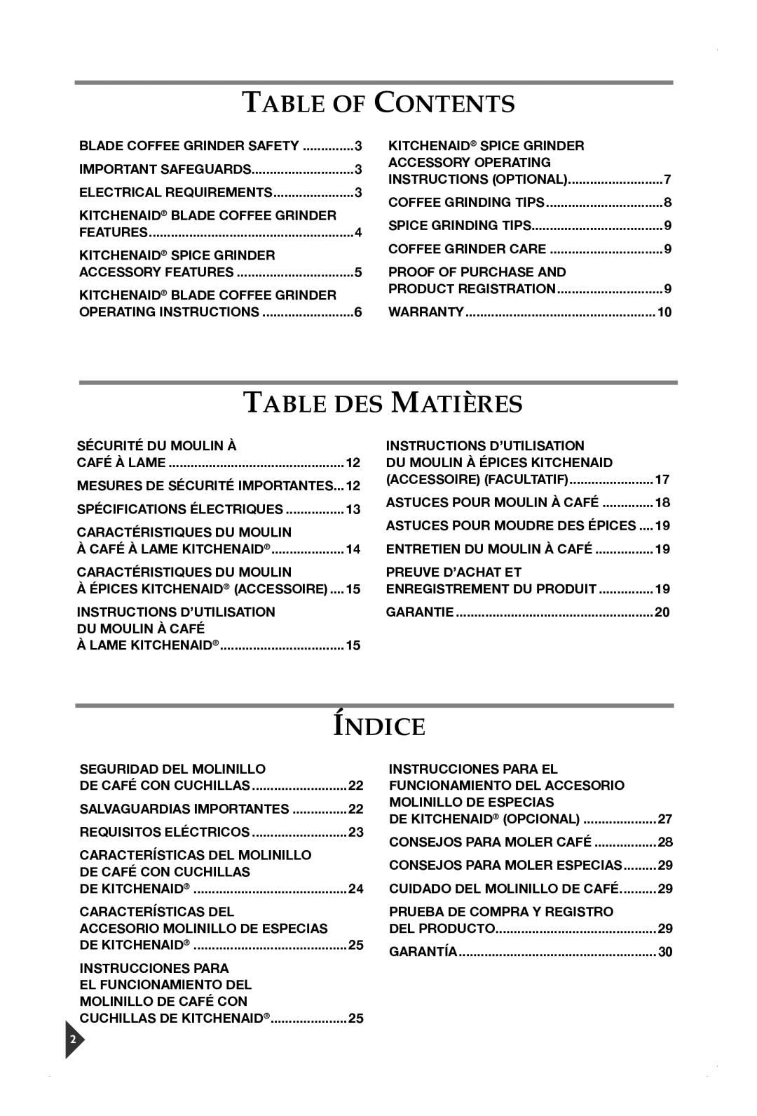 KitchenAid BCG111, BCGSGA, BCG211 manual Table of Contents, Table DES Matières, Índice 