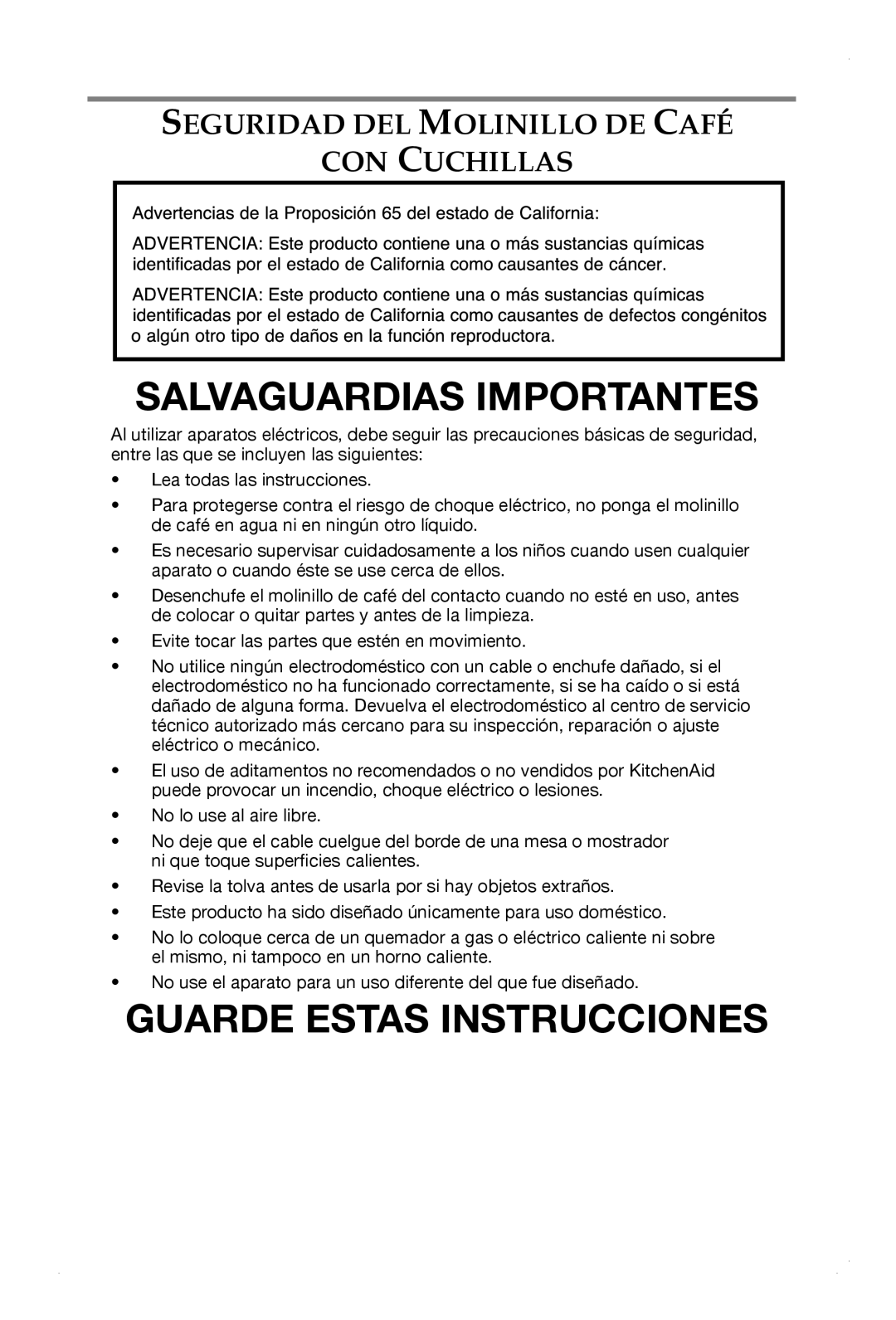 KitchenAid BCG211, BCGSGA, BCG111 manual Salvaguardias Importantes, Seguridad DEL Molinillo DE Café CON Cuchillas 