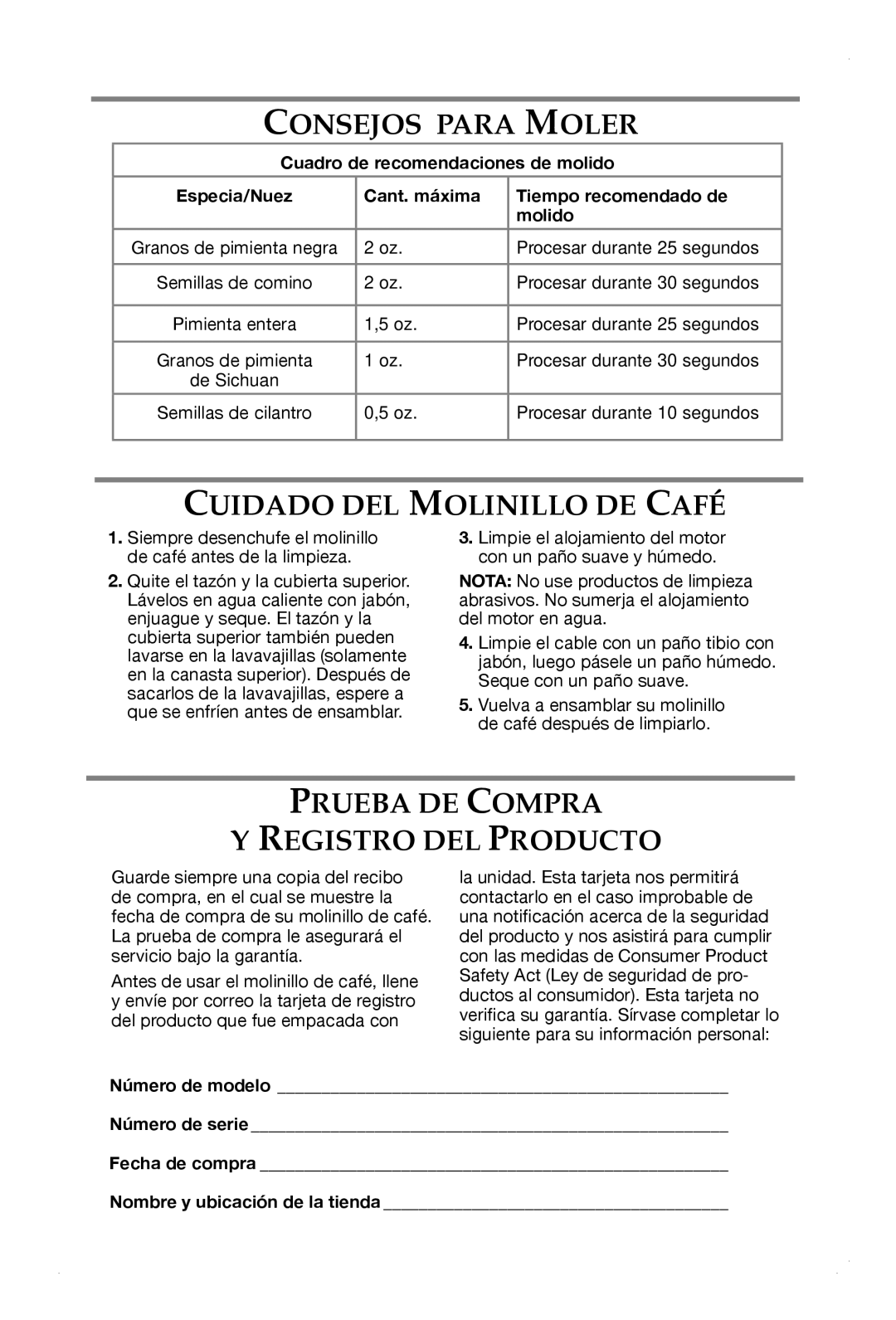 KitchenAid BCG111, BCGSGA manual Consejos Para Moler, Cuidado DEL Molinillo DE Café, Prueba DE Compra Registro DEL Producto 