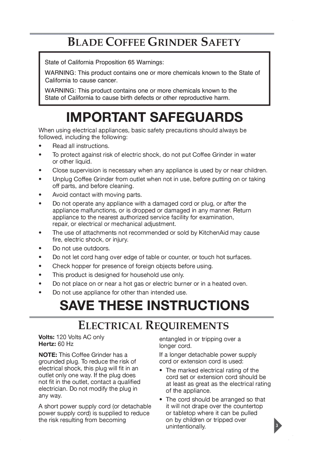 KitchenAid BCGSGA, BCG211, BCG111 manual Blade Coffee Grinder Safety, Electrical Requirements, Hertz 60 Hz 