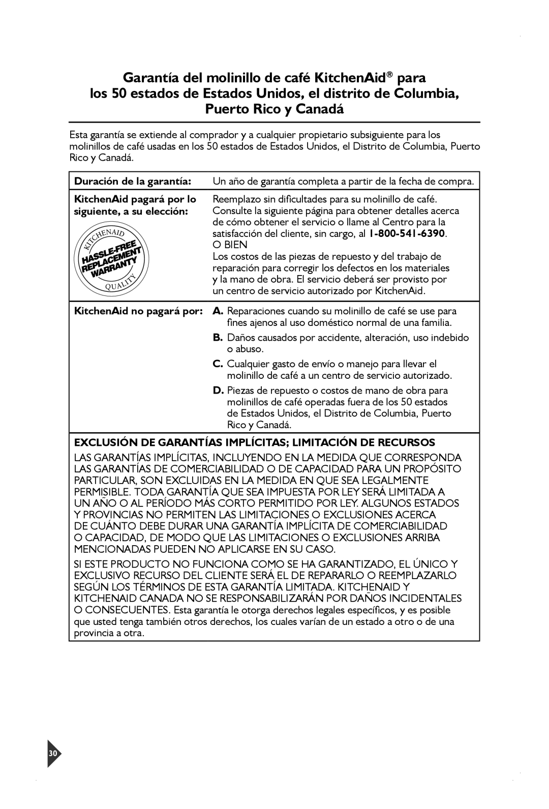 KitchenAid BCGSGA Duración de la garantía, KitchenAid pagará por lo, Siguiente, a su elección, KitchenAid no pagará por 