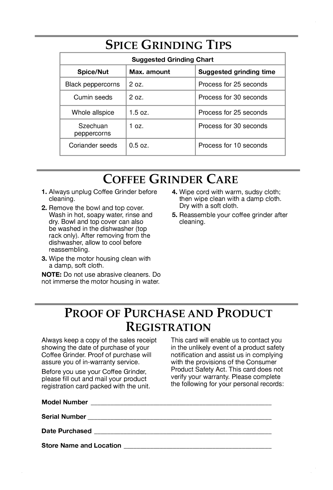 KitchenAid BCGSGA, BCG211, BCG111 manual Spice Grinding Tips, Coffee Grinder Care, Proof of Purchase and Product Registration 