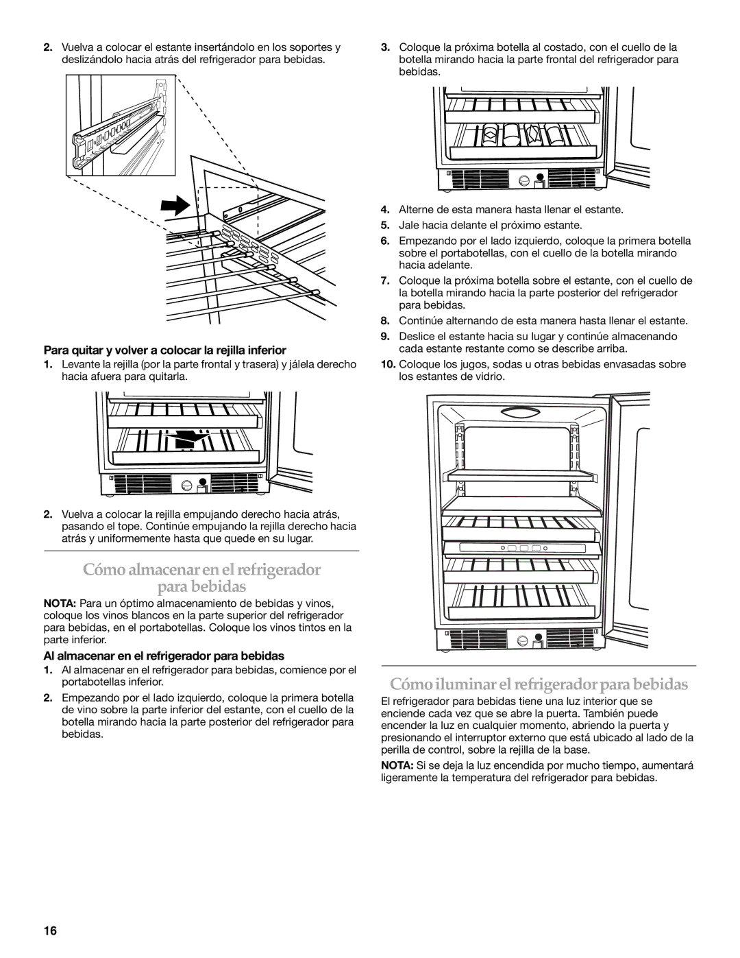 KitchenAid BEVERAGECENTER manual Cómo almacenar en el refrigerador Para bebidas, Cómoiluminar el refrigerador para bebidas 