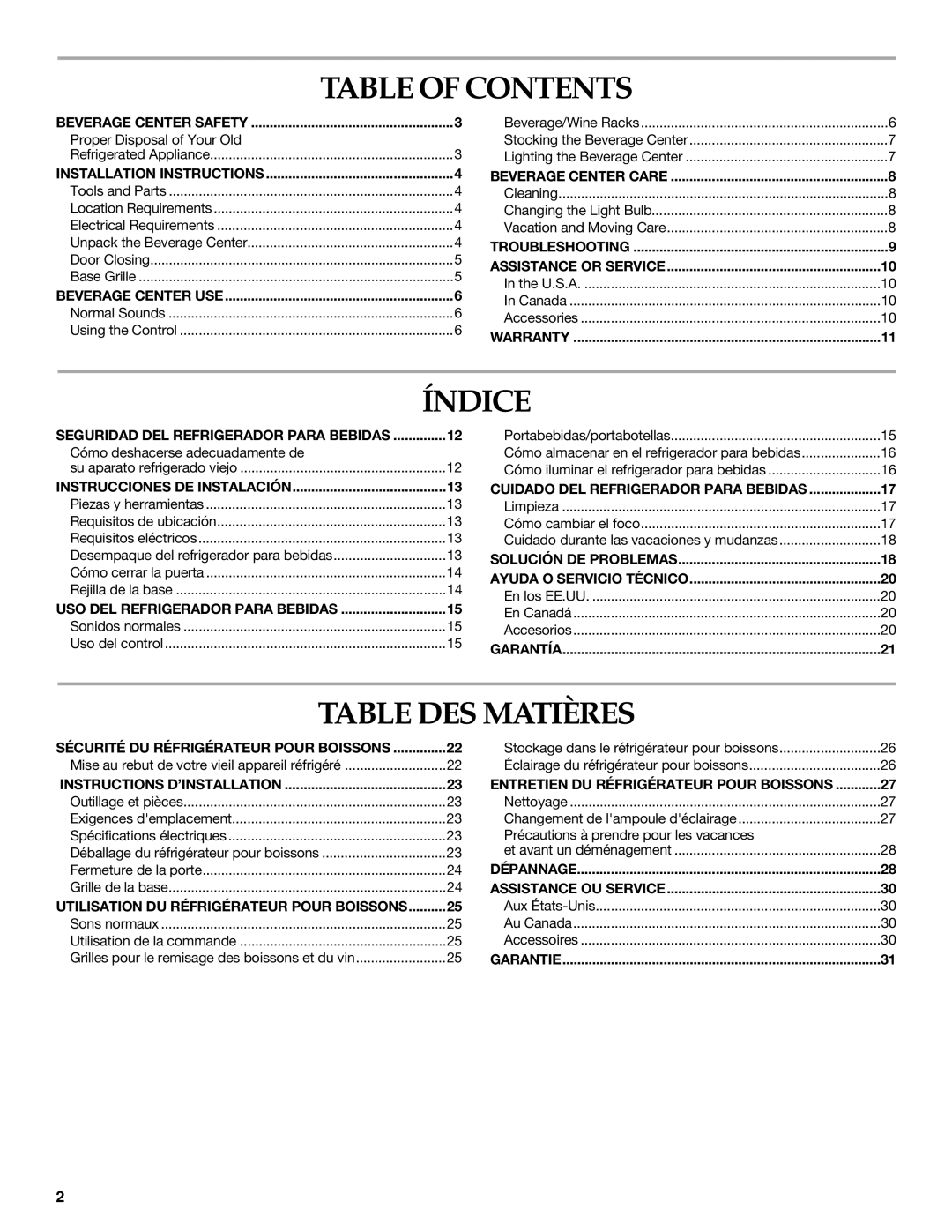 KitchenAid BEVERAGECENTER manual Table of Contents, Índice, Table DES Matières 