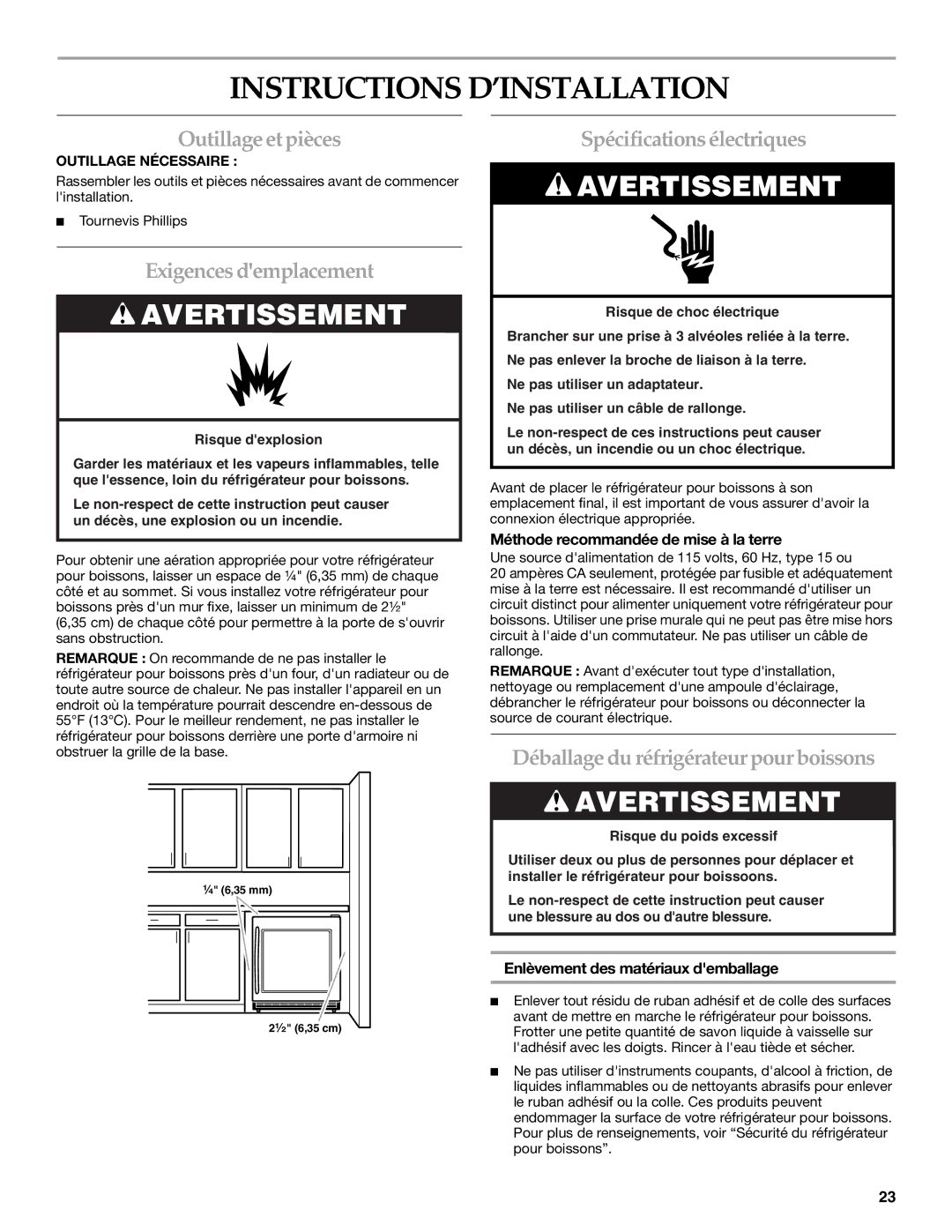 KitchenAid BEVERAGECENTER manual Instructions D’INSTALLATION, Outillage etpièces, Exigences demplacement 