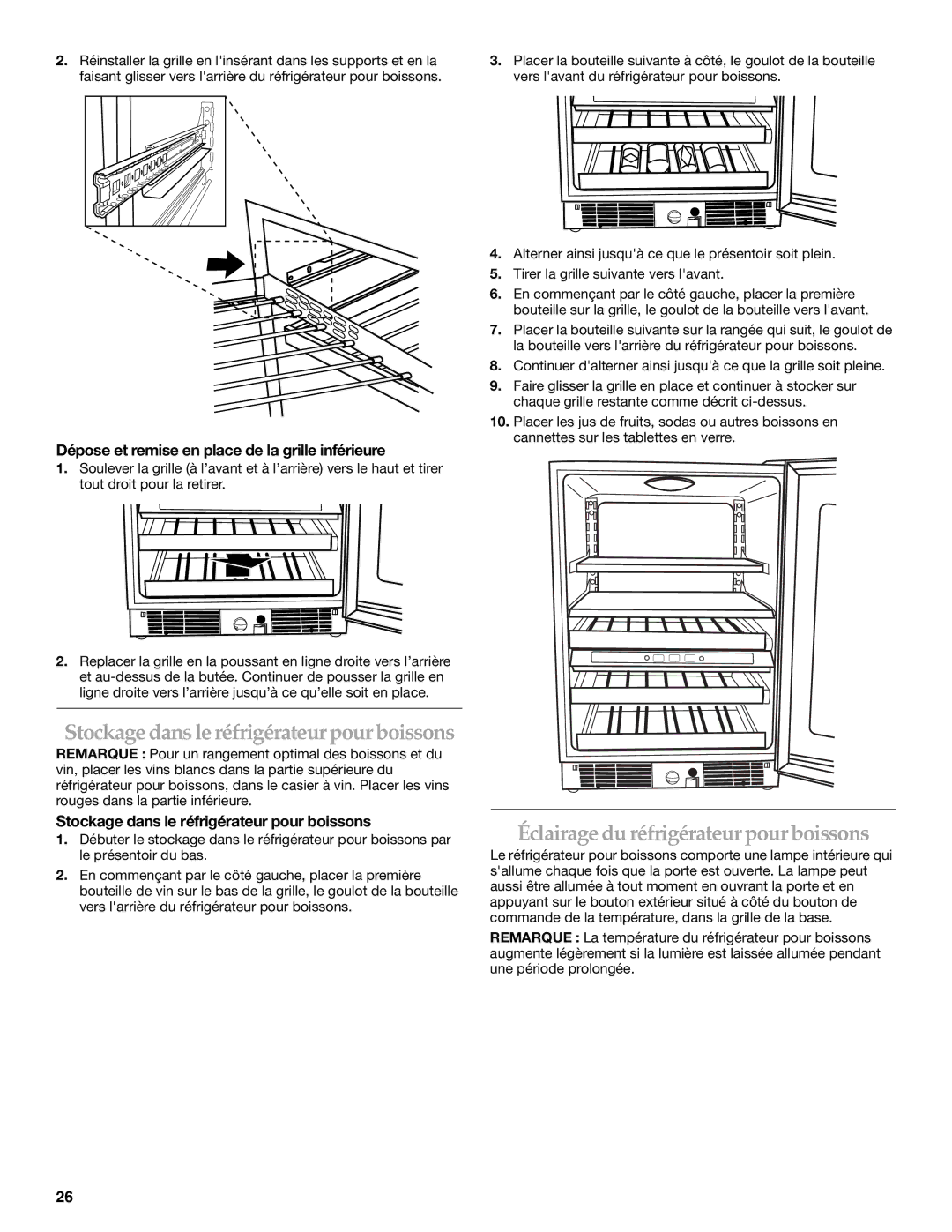 KitchenAid BEVERAGECENTER manual Stockage dans le réfrigérateurpourboissons, Éclairage du réfrigérateur pour boissons 