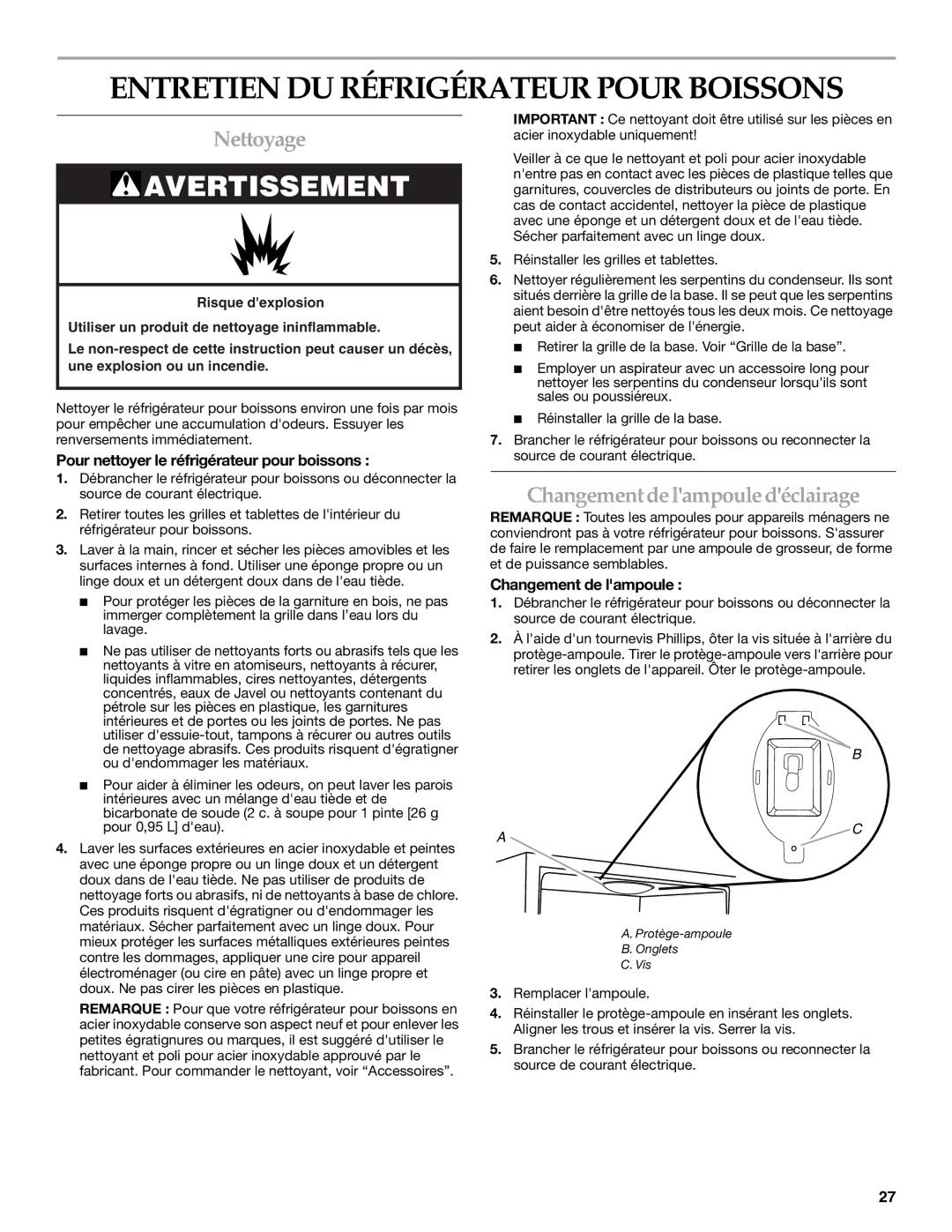 KitchenAid BEVERAGECENTER manual Entretien DU Réfrigérateur Pour Boissons, Nettoyage, Changementde lampoule déclairage 