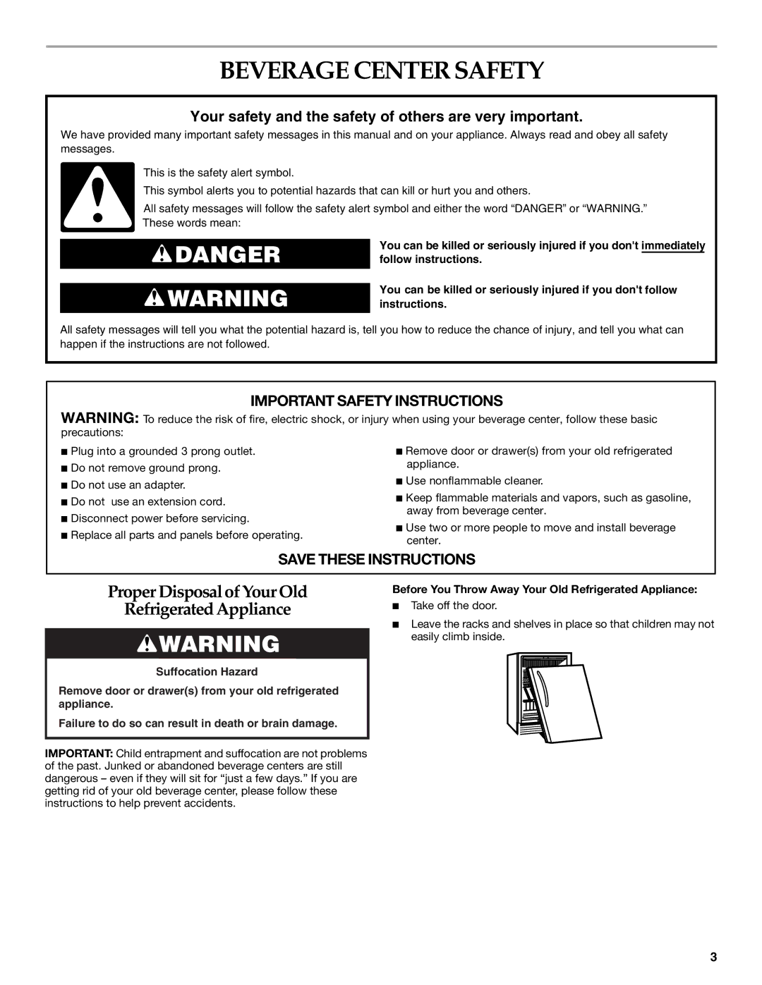 KitchenAid BEVERAGECENTER manual Beverage Center Safety, Before You Throw Away Your Old Refrigerated Appliance 