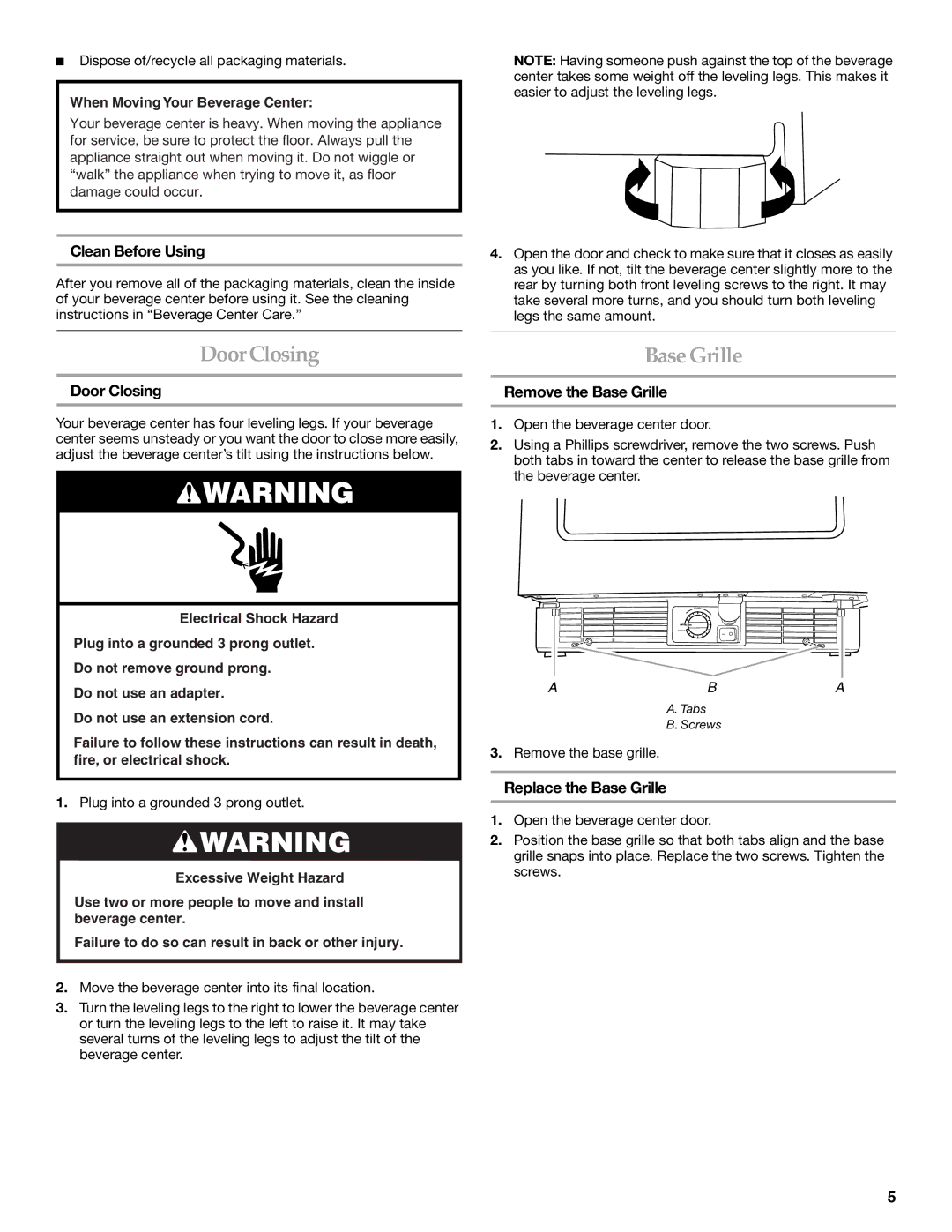 KitchenAid BEVERAGECENTER manual DoorClosing Base Grille, Clean Before Using, Door Closing, Remove the Base Grille 