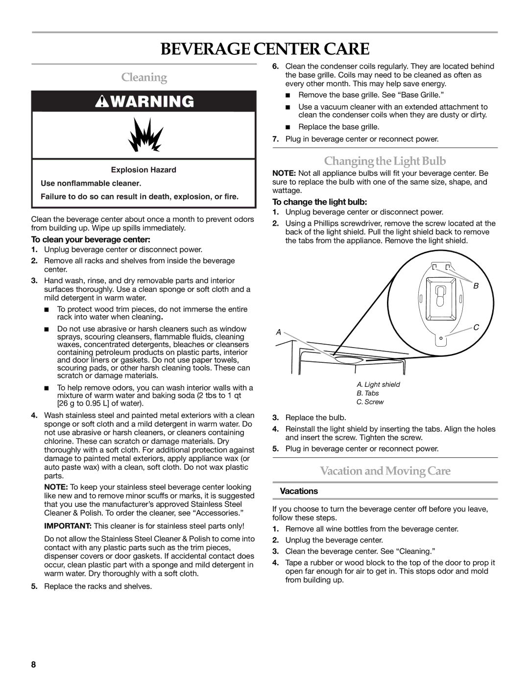 KitchenAid BEVERAGECENTER manual Beverage Center Care, Cleaning, Changing the Light Bulb, Vacation and MovingCare 