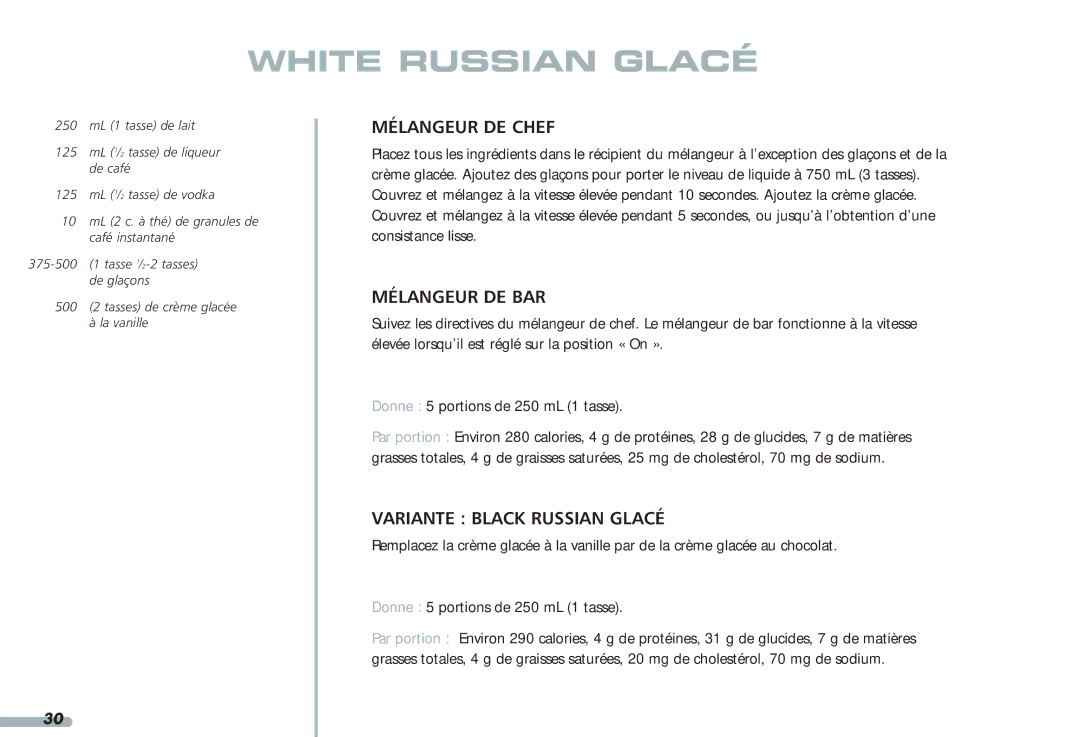 KitchenAid 35, Blender, 4KPCB348, 4KPCB148 manual White Russian Glacé, Variante Black Russian Glacé 