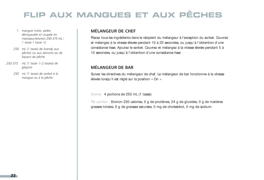 KitchenAid 4KPCB348, Blender, 4KPCB148, 35 manual Flip AUX Mangues ET AUX Pêches 