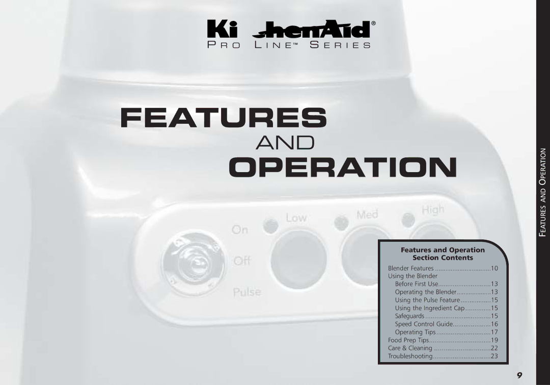 KitchenAid 35, Blender, 4KPCB348, 4KPCB148 manual Features Operation 