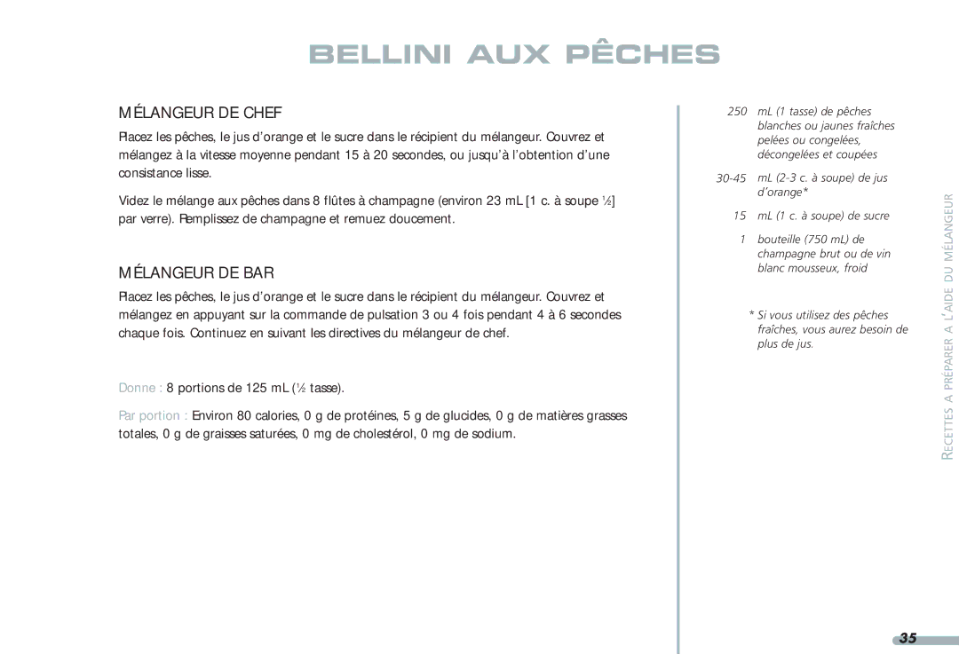 KitchenAid Blender, 4KPCB348, 4KPCB148, 35 manual Bellini AUX Pêches 