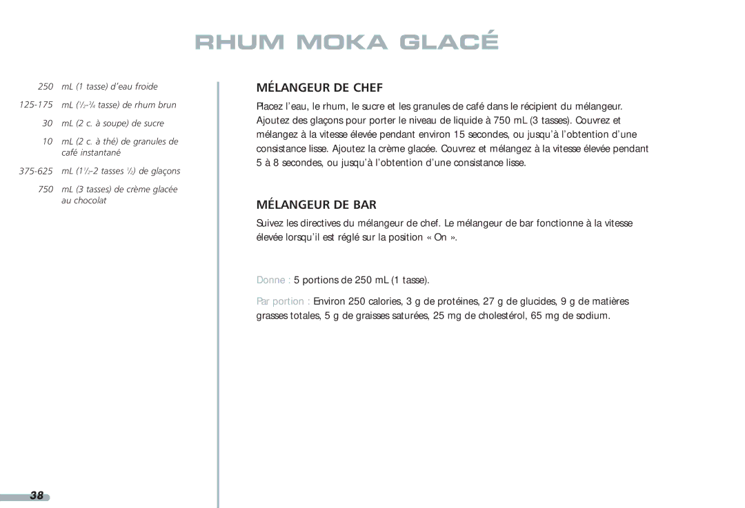 KitchenAid 35, Blender, 4KPCB348, 4KPCB148 manual Rhum Moka Glacé 