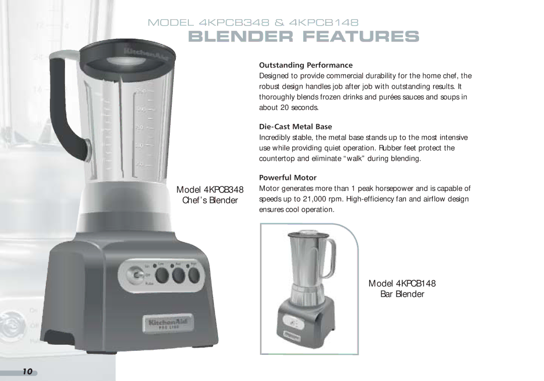 KitchenAid 4KPCB348, 4KPCB148, 35 manual Blender Features, Outstanding Performance, Die-Cast Metal Base, Powerful Motor 