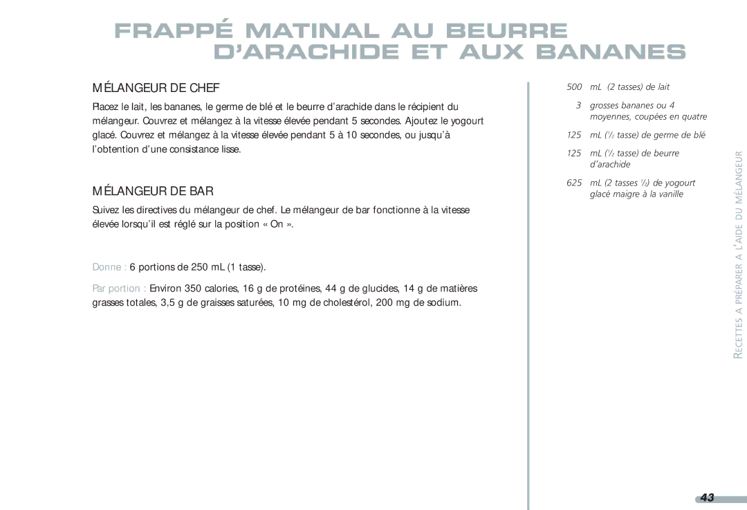 KitchenAid Blender, 4KPCB348, 4KPCB148, 35 manual Frappé Matinal AU Beurre D’ARACHIDE ET AUX Bananes 