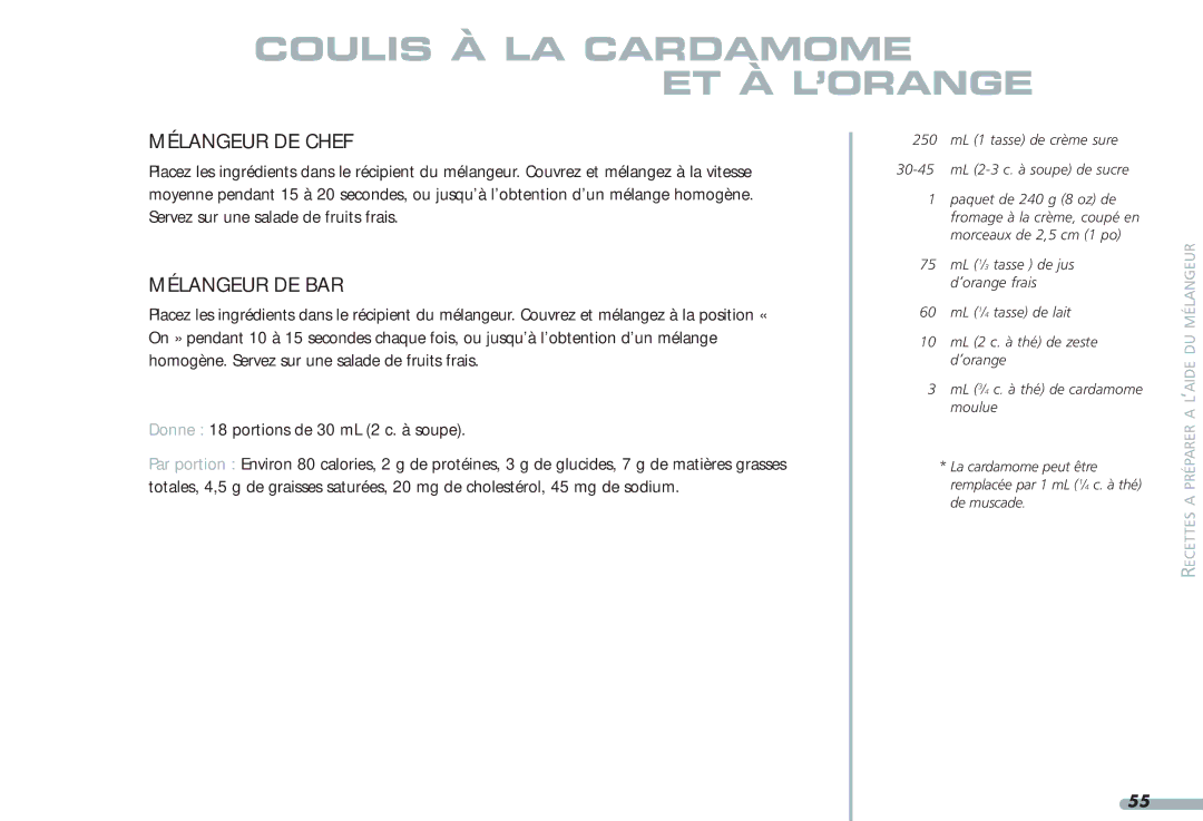KitchenAid Blender, 4KPCB348, 4KPCB148, 35 manual Coulis À LA Cardamome ET À L’ORANGE 