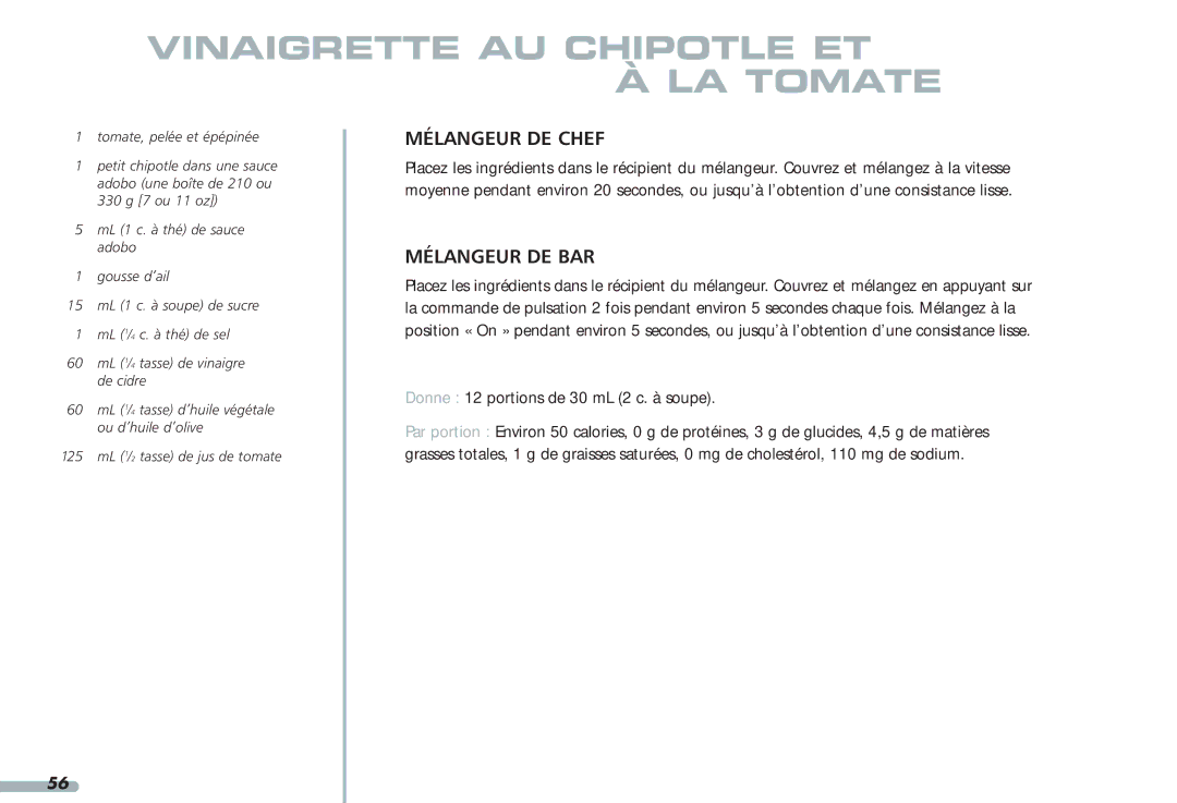 KitchenAid 4KPCB348, Blender, 4KPCB148, 35 manual Vinaigrette AU Chipotle ET À LA Tomate 
