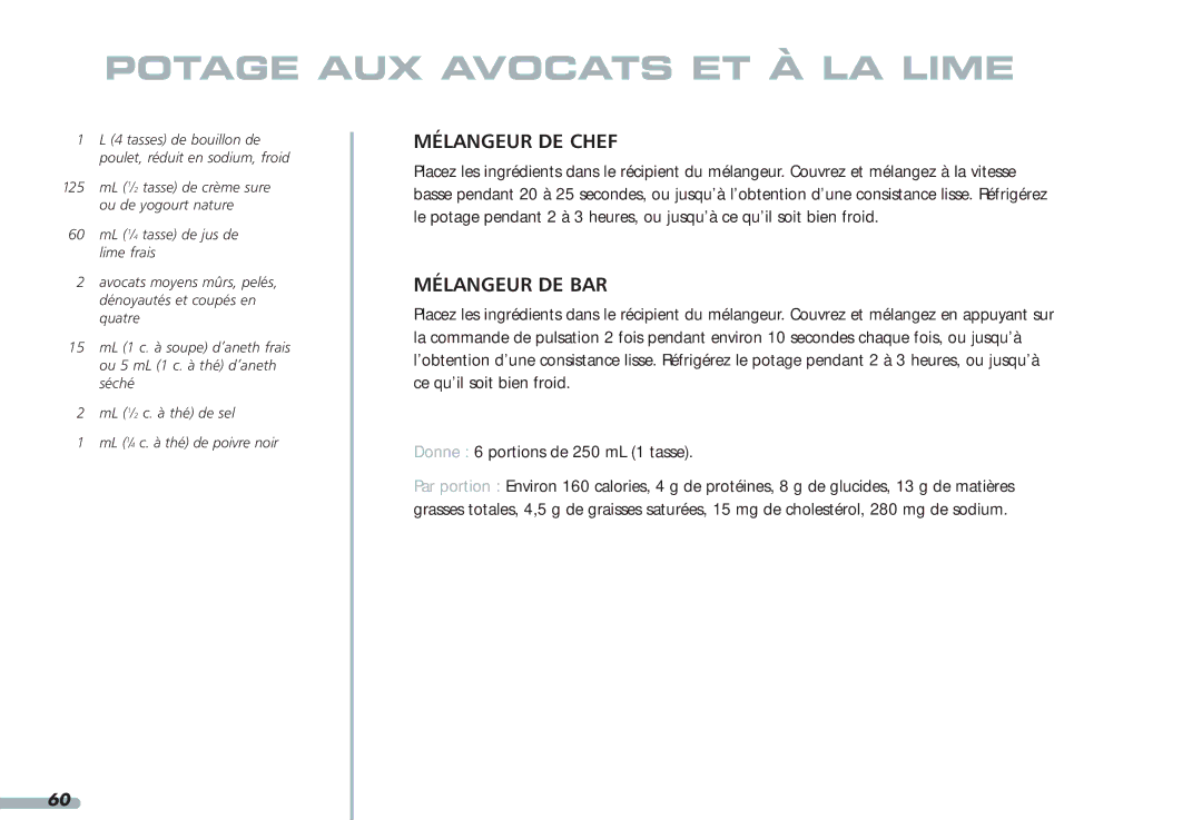 KitchenAid 4KPCB348, Blender, 4KPCB148, 35 manual Potage AUX Avocats ET À LA Lime 