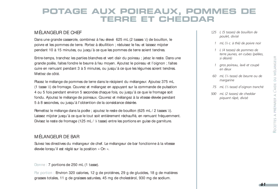 KitchenAid 4KPCB148, Blender, 4KPCB348, 35 manual Potage AUX POIREAUX, Pommes DE Terre ET Cheddar 