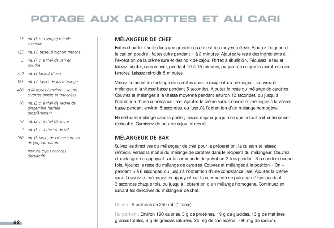 KitchenAid 35, Blender, 4KPCB348, 4KPCB148 manual Potage AUX Carottes ET AU Cari 