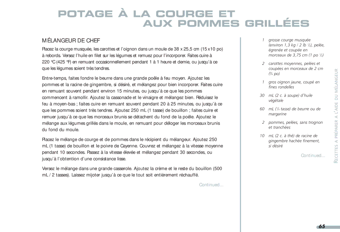 KitchenAid 4KPCB148, Blender, 4KPCB348, 35 manual Potage À LA Courge ET AUX Pommes Grillées 