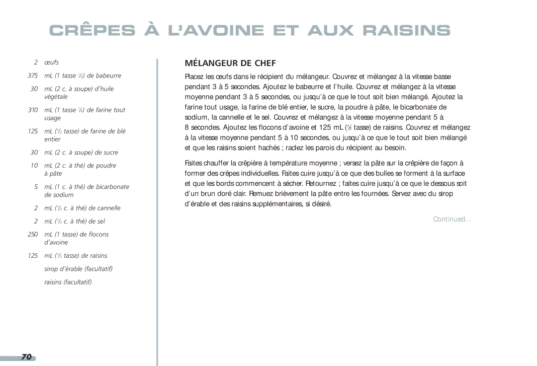 KitchenAid 35, Blender, 4KPCB348, 4KPCB148 manual Crêpes À L’AVOINE ET AUX Raisins 