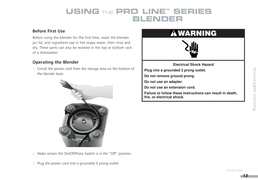 KitchenAid 35, 4KPCB348, 4KPCB148 manual Using the PRO Line Series Blender, Before First Use, Operating the Blender 