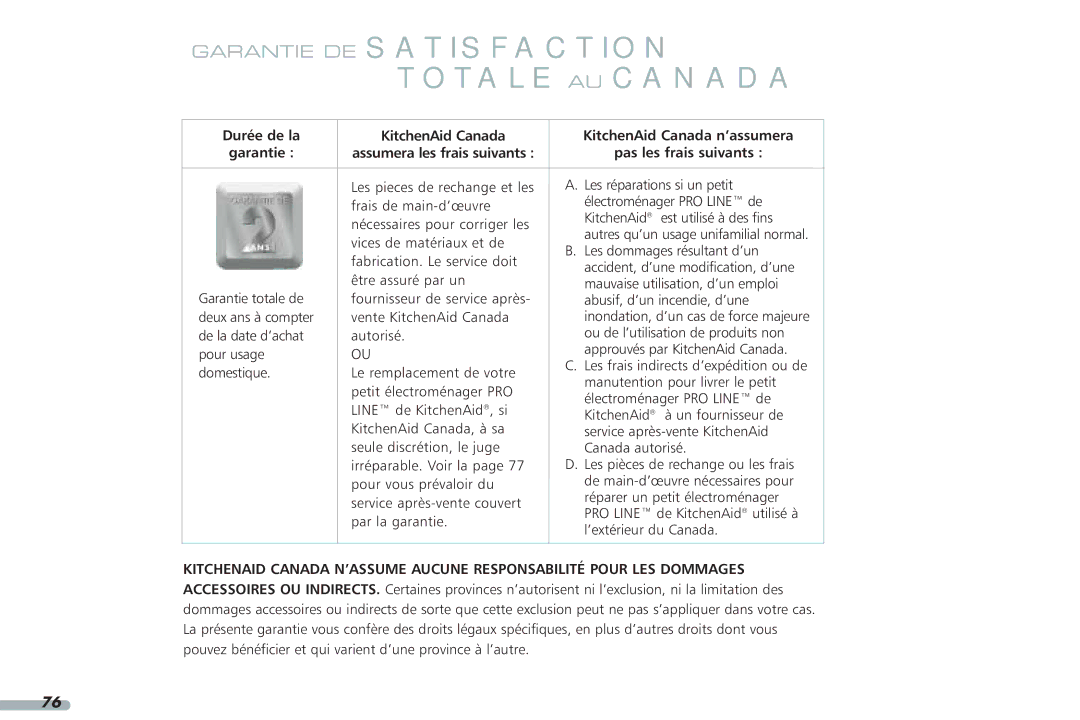 KitchenAid Blender, 4KPCB348, 4KPCB148, 35 manual Garantie DE Satisfaction Totale AU Canada, KitchenAid Canada 