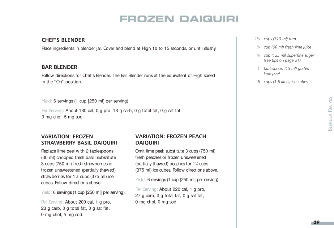 KitchenAid 35, Blender, 4KPCB348, 4KPCB148 manual Frozen Daiquiri, Variation Frozen Peach Daiquiri 