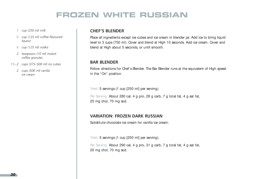 KitchenAid Blender, 4KPCB348, 4KPCB148, 35 manual Frozen White Russian, Variation Frozen Dark Russian 