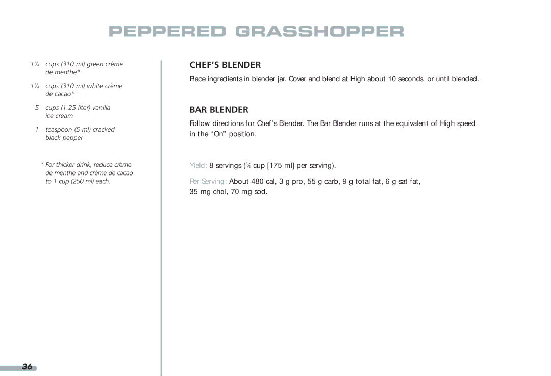 KitchenAid 4KPCB148, Blender, 4KPCB348, 35 manual Peppered Grasshopper 