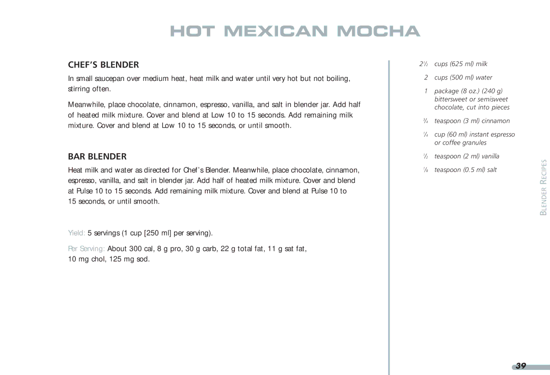 KitchenAid 4KPCB348, Blender, 4KPCB148, 35 manual HOT Mexican Mocha 