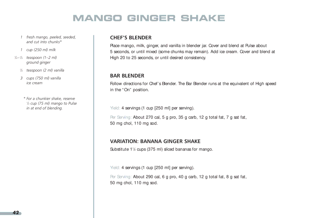 KitchenAid Blender, 4KPCB348, 4KPCB148, 35 manual Mango Ginger Shake, Variation Banana Ginger Shake 