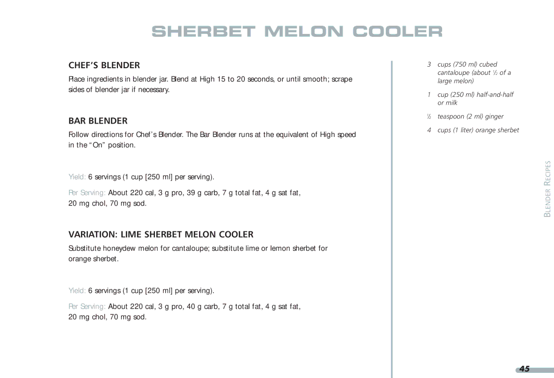 KitchenAid 35, Blender, 4KPCB348, 4KPCB148 manual Variation Lime Sherbet Melon Cooler 