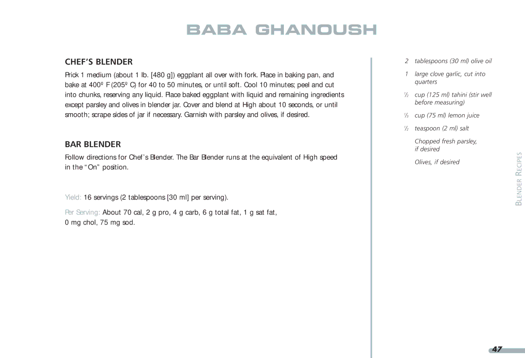 KitchenAid 4KPCB348, Blender, 4KPCB148, 35 manual Baba Ghanoush 