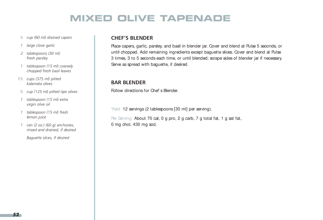 KitchenAid 4KPCB148, Blender, 4KPCB348, 35 manual Mixed Olive Tapenade 